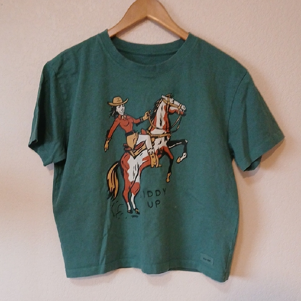 Life Is Good Green Short Sleeve Tee with Cowboy Horse Graphic